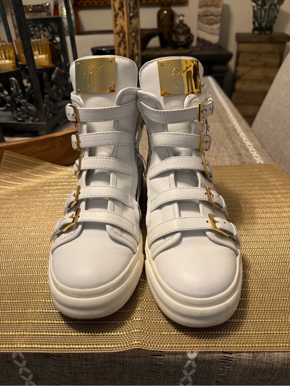 Giuseppe Zanotti White High-Top Leather Buckle/ fringe Sneakers with Gold Plates